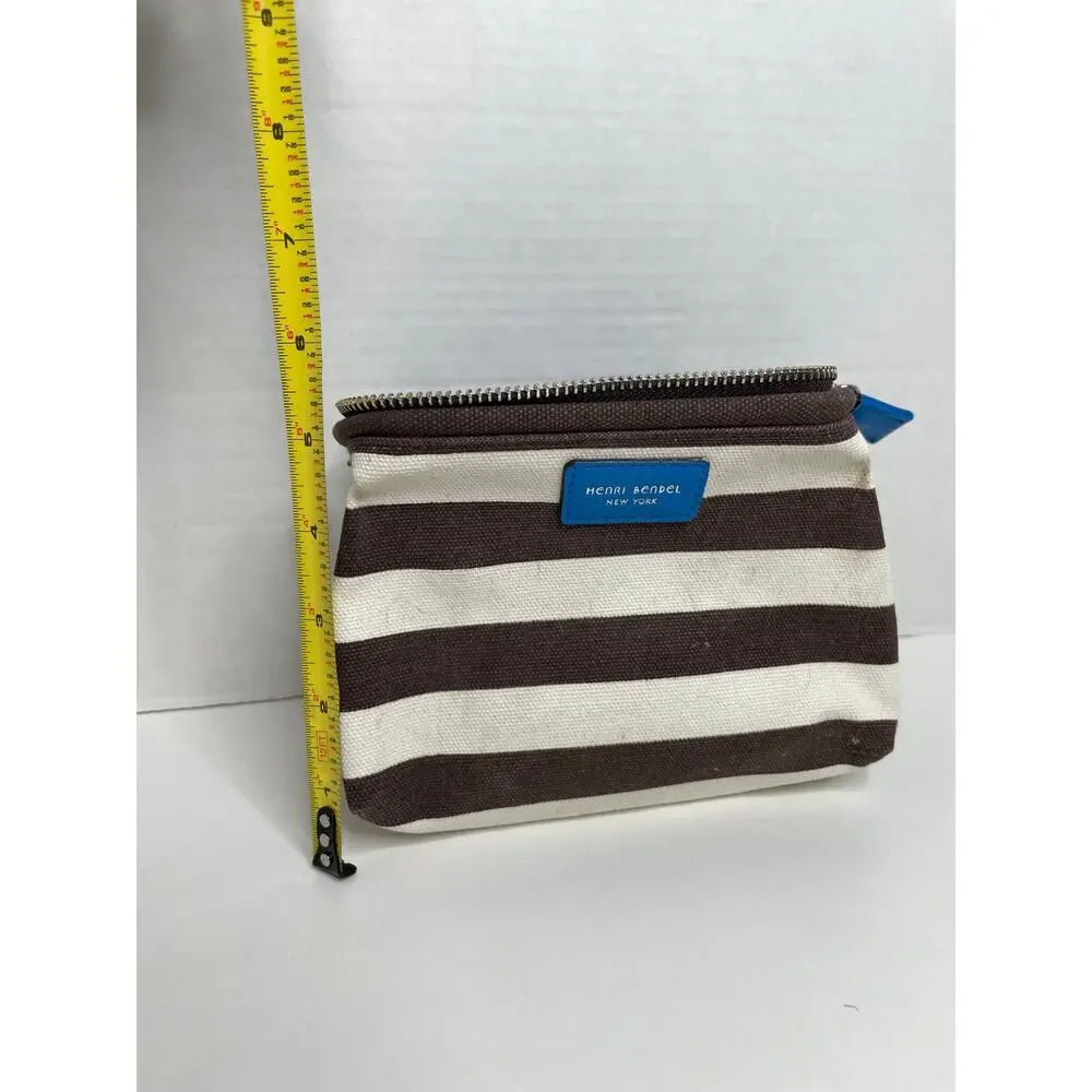 Henri Bendel Cosmetic Bag Brown White Stripe Blue Strap